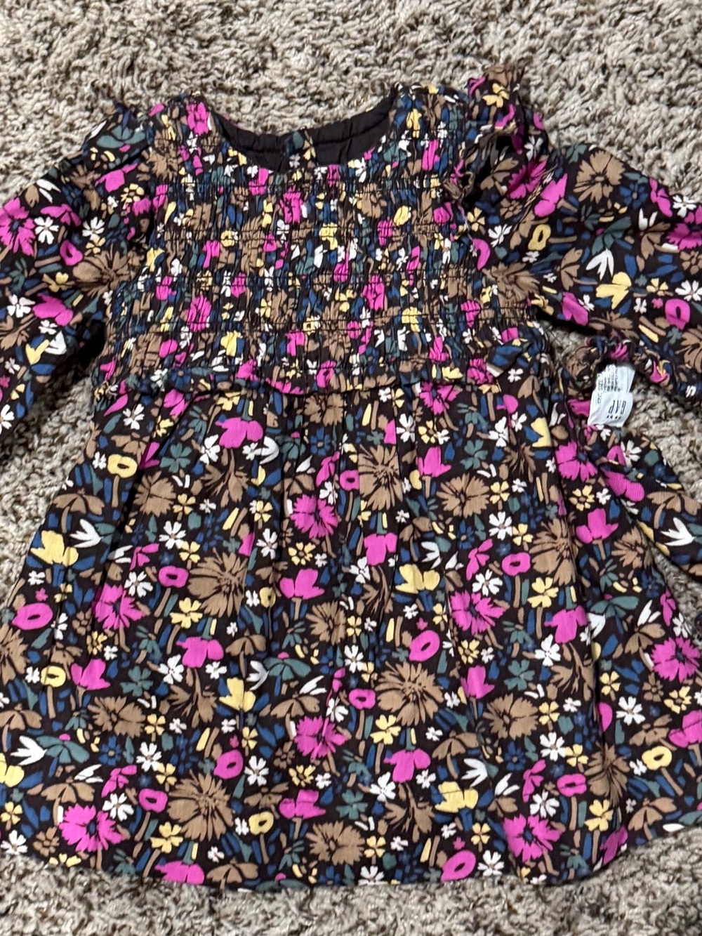 Girls Floral Smocked Dress - Pink, Yellow, Brown